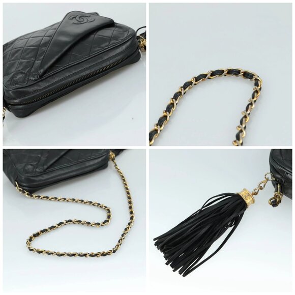 CHANEL Matelasse Chain Shoulder Bag Lamb Skin Black Gold CC Auth PP082 - Picture 16 of 16